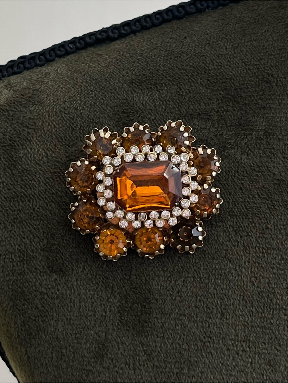 Vintage Schoffel (?) Orange Brown Rhinestone Prong Rectangular Gold Brooch Pin